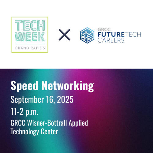 An image promoting a Speed Networking event on September 16, 2025, from 11am to 2pm in the GRCC Wisner-Bottrall Applied Technology Center. The image shows text describing the event over a blurred gradient of purple, blue, red, and green.